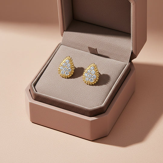 Pear Halo Stud Earrings | Moissanite | 14K Gold Plated 925 Sterling Silver | Prm8160 - Earrings | Singapore Jewellery, Wedding Rings &amp; Gifts | Same Day Delivery | Tiara.com.sg