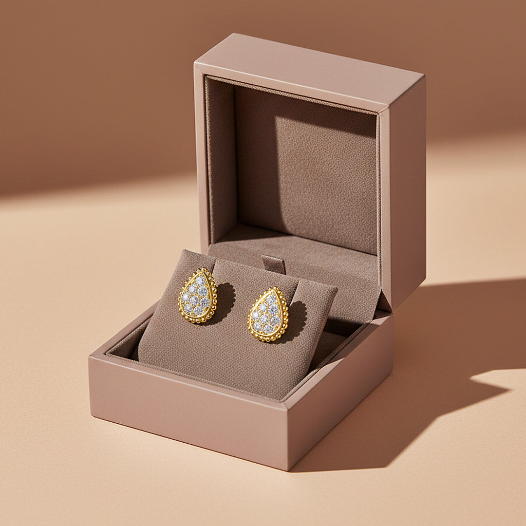 Pear Halo Stud Earrings | Moissanite | 14K Gold Plated 925 Sterling Silver | Prm8160 - Earrings | Singapore Jewellery, Wedding Rings &amp; Gifts | Same Day Delivery | Tiara.com.sg