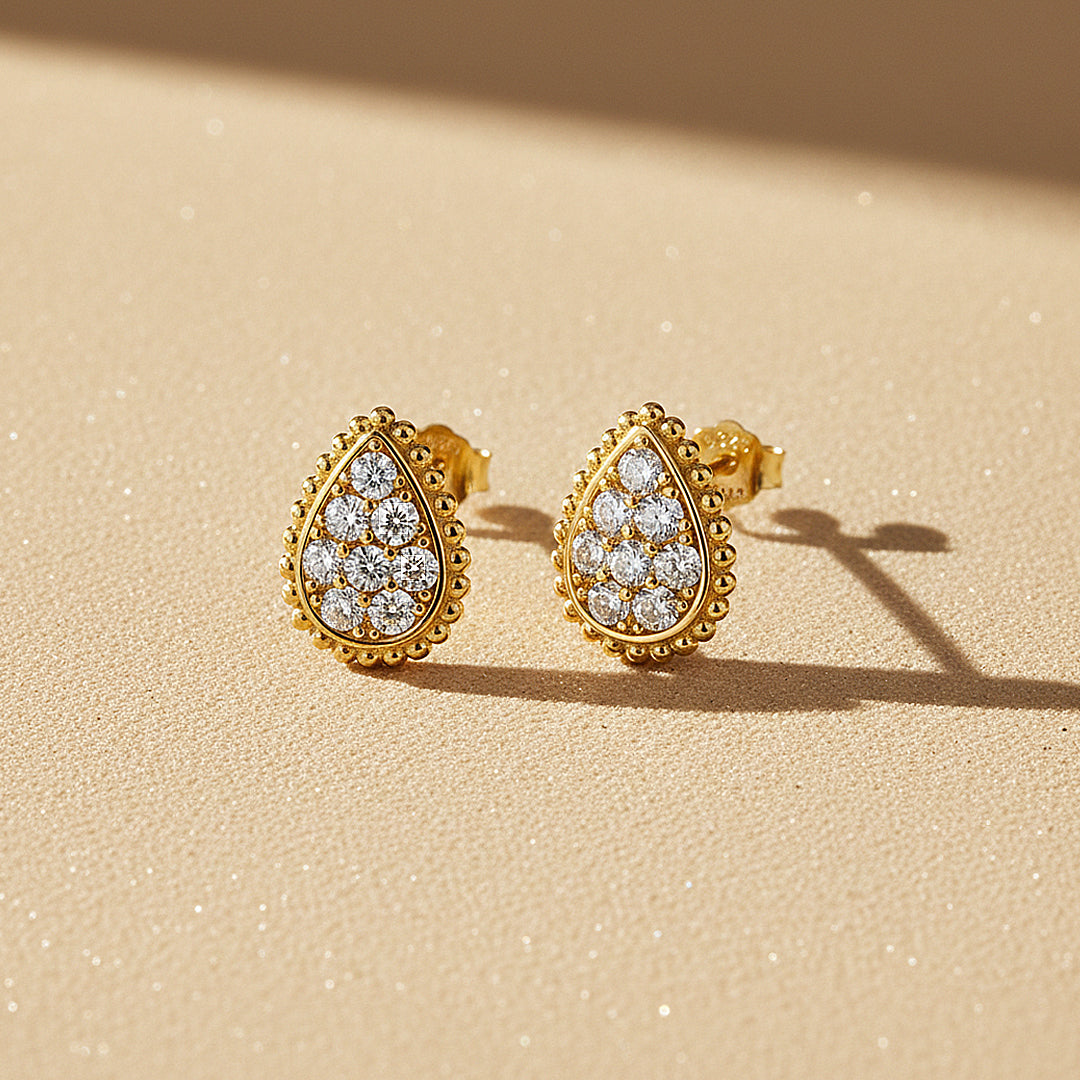 Pear Halo Stud Earrings | Moissanite | 14K Gold Plated 925 Sterling Silver | Prm8160 - Earrings | Singapore Jewellery, Wedding Rings &amp; Gifts | Same Day Delivery | Tiara.com.sg