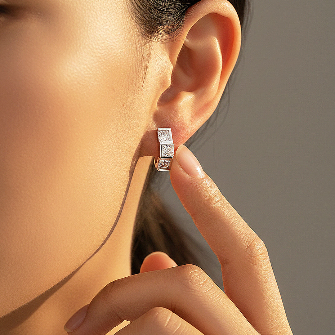 Triple Princess Channel Huggie Earrings | Moissanite | 925 Sterling Silver | Prm8161 - Earrings | Singapore Jewellery, Wedding Rings & Gifts | Same Day Delivery | Tiara.com.sg