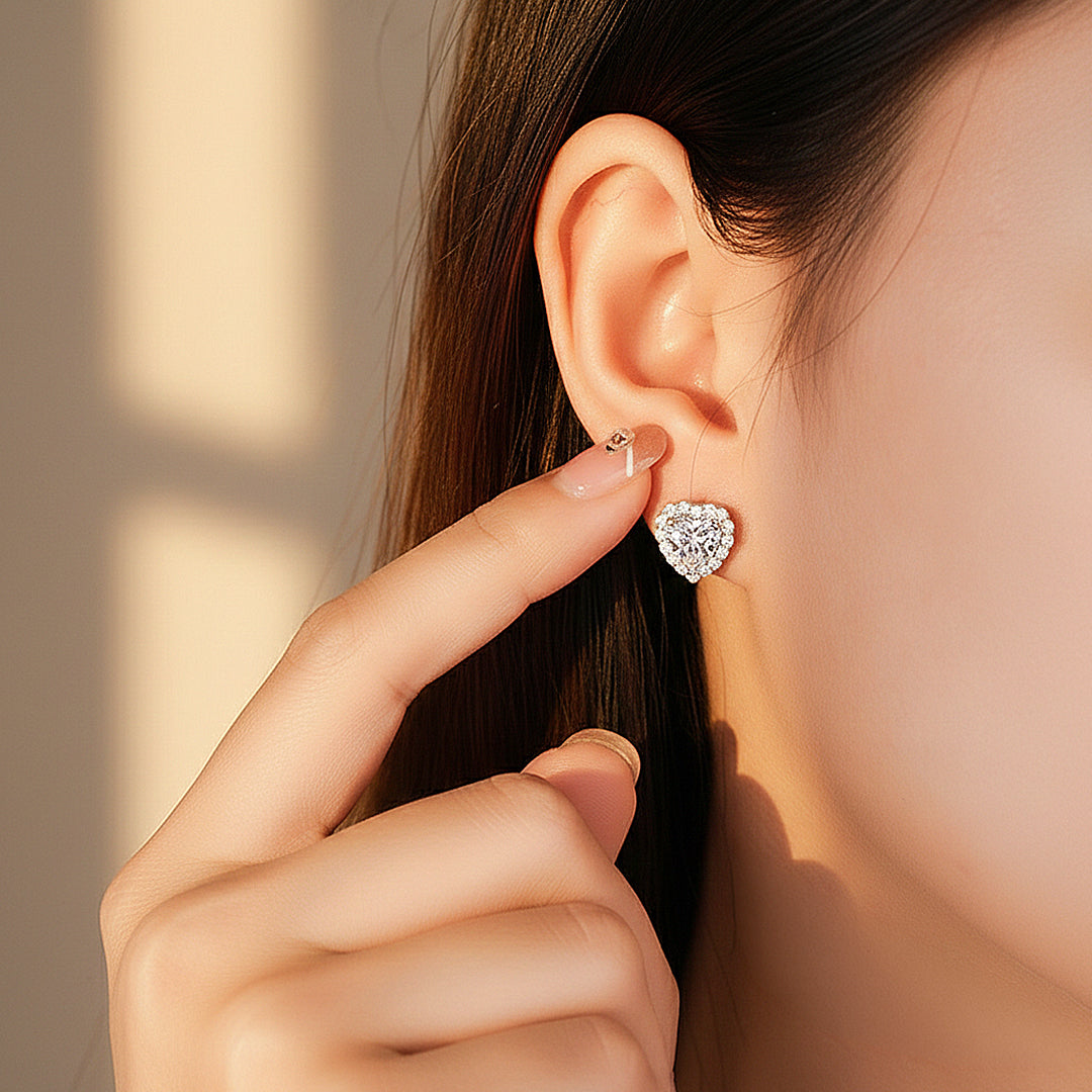 Heart Halo Stud Earrings | Moissanite | 925 Sterling Silver | Prm8162 - Earrings | Singapore Jewellery, Wedding Rings & Gifts | Same Day Delivery | Tiara.com.sg
