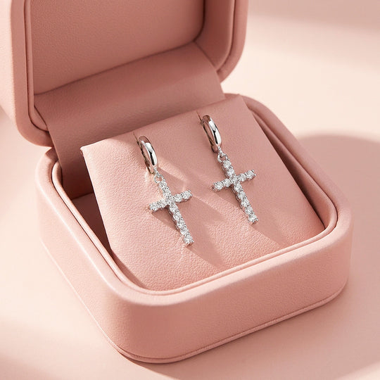 Moissanite Cross Charm Hoop Earrings | 925 Sterling Silver | PRM8166