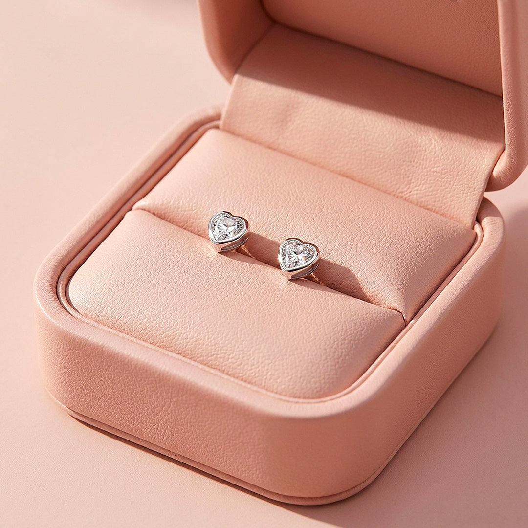 Bezel Heart Moissanite Stud Earrings | 925 Sterling Silver | PRM8182