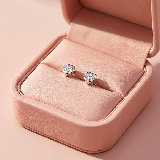 Bezel Heart Moissanite Stud Earrings | 925 Sterling Silver | PRM8182