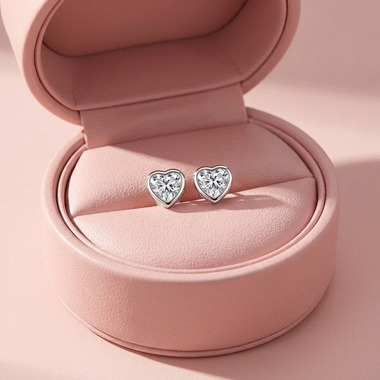 Bezel Heart Moissanite Stud Earrings | 925 Sterling Silver | PRM8182