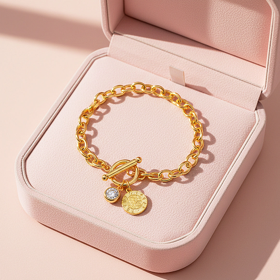 Gold Coin Toggle Link Bracelet | Moissanite | Prm9143 - Bracelets | Singapore Jewellery, Wedding Rings & Gifts | Same Day Delivery | Tiara.com.sg