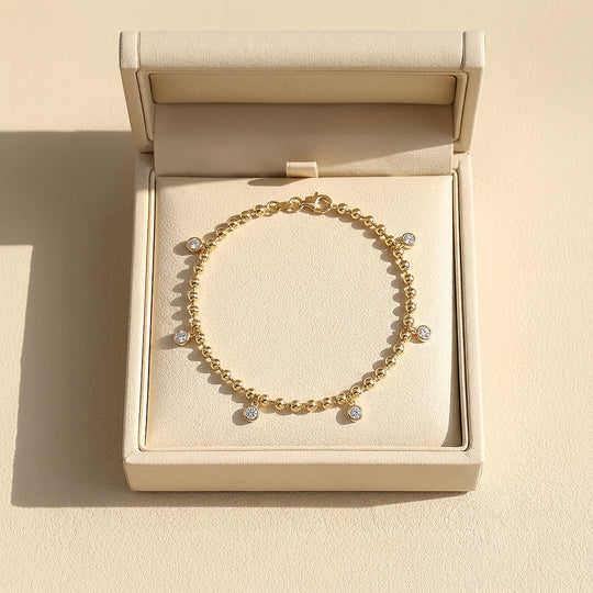 Bezel Gold Bead Charm Bracelet | Moissanite | Prm9171