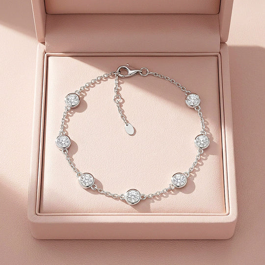 Round Bezel Moissanite Silver Chain Women Bracelet | Prm9176