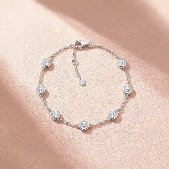 Round Bezel Moissanite Silver Chain Women Bracelet | Prm9176