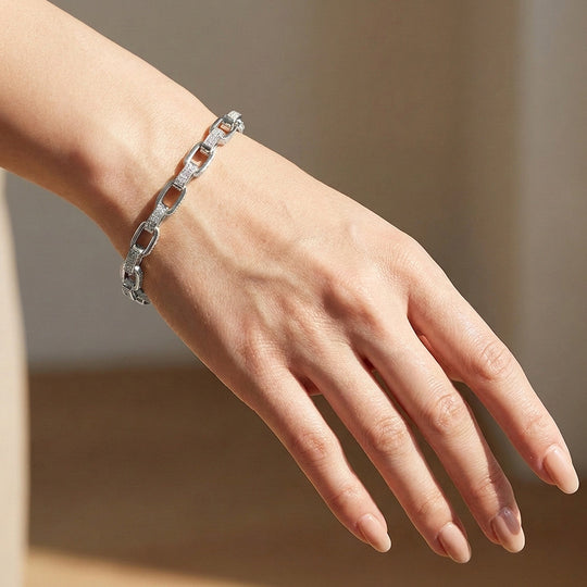 Pave Rectangle Link Moissanite Silver Chain Women Bracelet | Prm9187