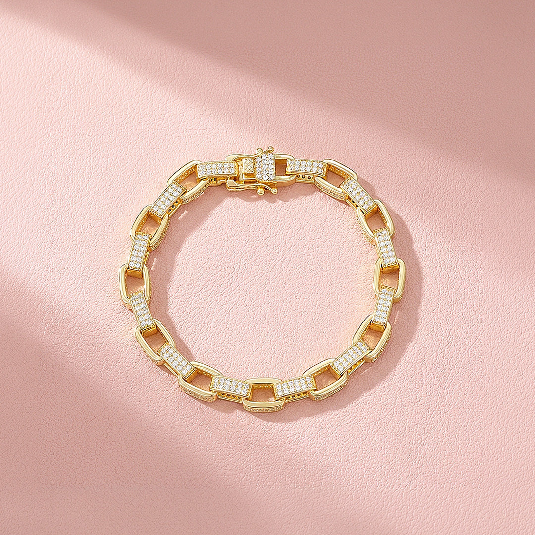 Pave Rectangle Link Moissanite Gold Chain Women Bracelet | Prm9188
