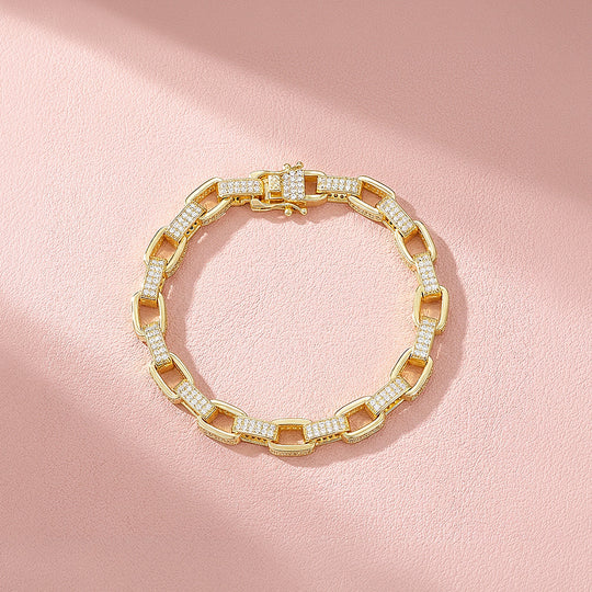 Pave Rectangle Link Moissanite Gold Chain Women Bracelet | Prm9188