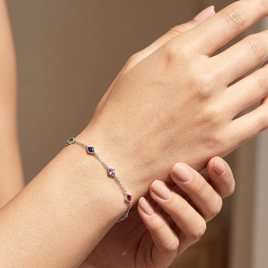Rhombus Multicolor Diamond Simulant Silver Chain Women Bracelet | Prm9204