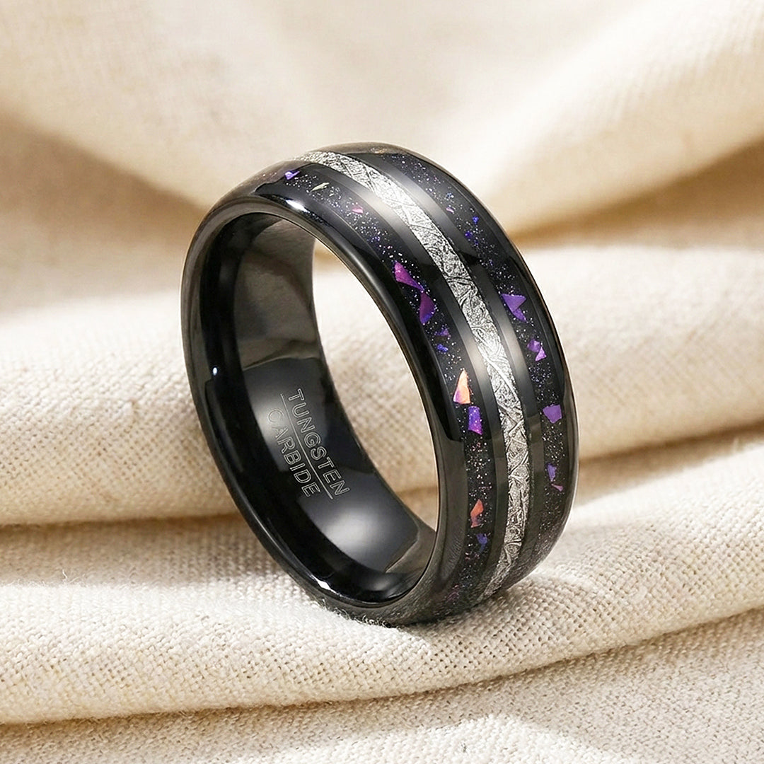 Purple Stars Polished Meteorite Purple Opal Inlay Black Tungsten Carbide Ring - Ring | Singapore Jewellery, Wedding Rings &amp; Gifts | Same Day Delivery | Tiara.com.sg