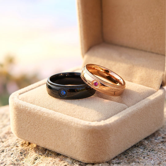 Pursuit | High-Polished Milled-Edge Bezel-Set Dome Wedding Band