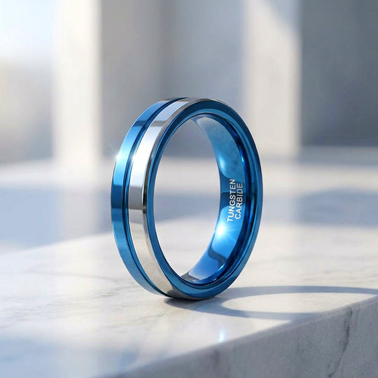 Revel | Asymmetrical High Polish Silver and Blue Dual Tone Tungsten Carbide