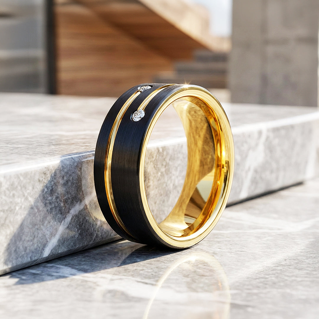 Rich Brushed Gold Groove Dual Stone Black Tungsten Carbide Ring