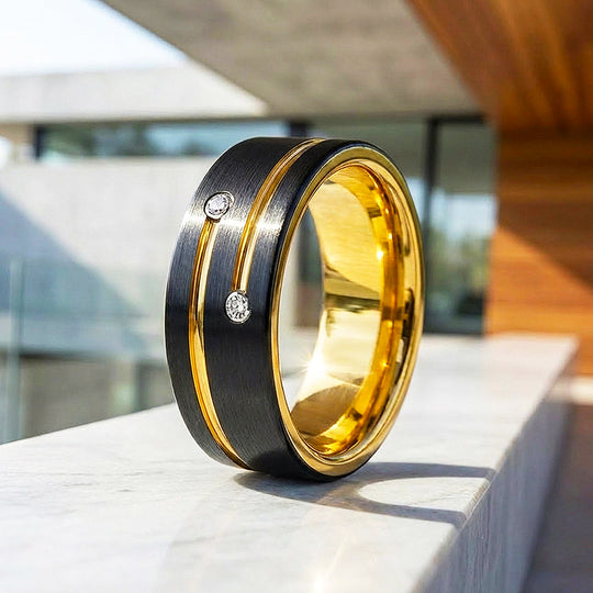 Rich | Brushed Gold Groove Dual Stone Black Tungsten Carbide Men&