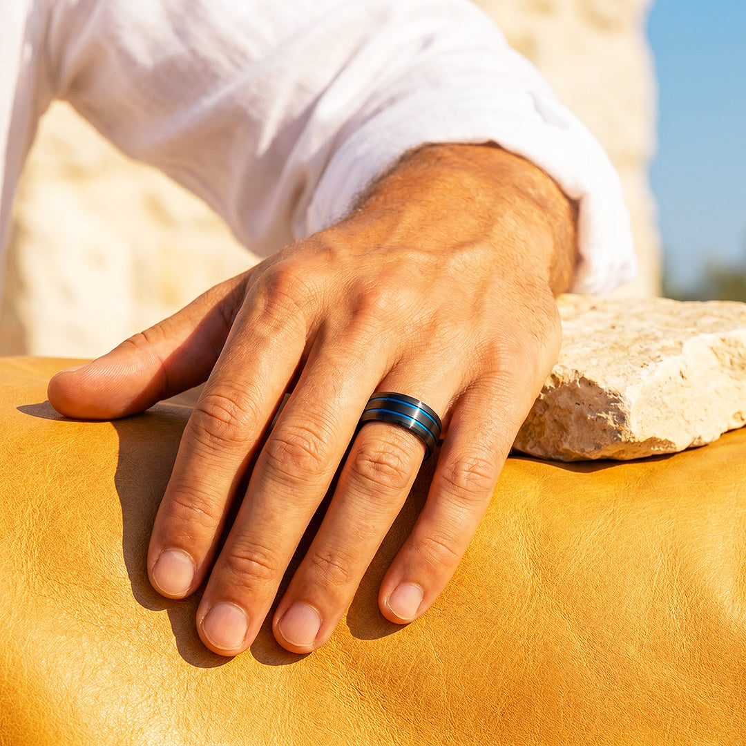 Ridley | Brushed Black Dual Blue Groove Tungsten Carbide Men&