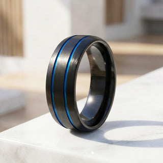 Ridley | Brushed Black Dual Blue Groove Tungsten Carbide Men's Ring
