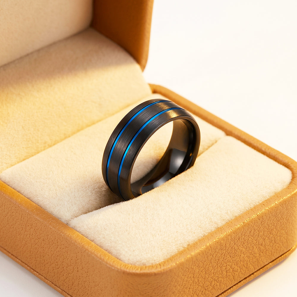 Ridley | Brushed Black Dual Blue Groove Tungsten Carbide Men's Ring