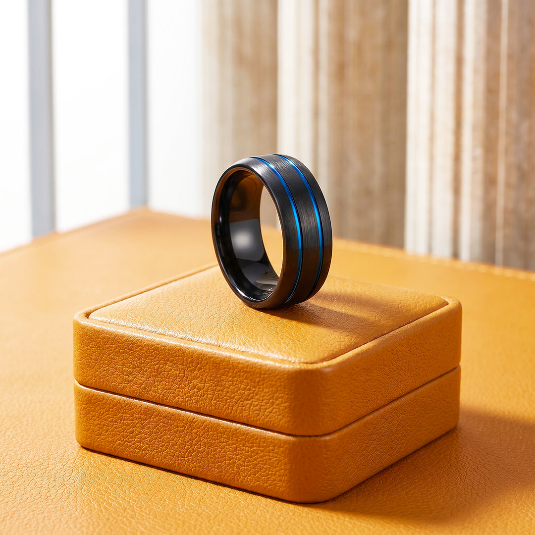 Ridley | Brushed Black Dual Blue Groove Tungsten Carbide Men&