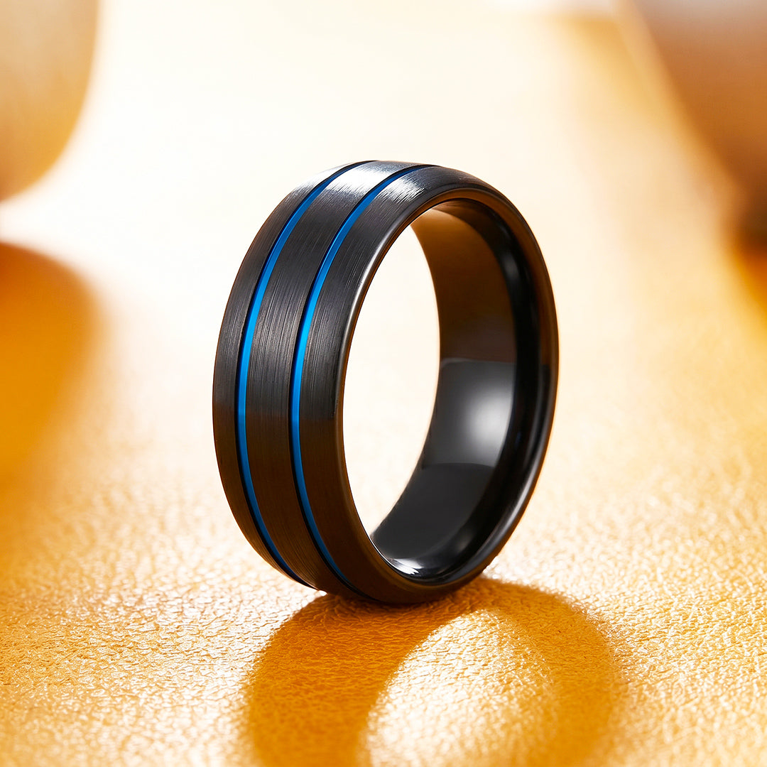 Ridley | Brushed Black Dual Blue Groove Tungsten Carbide Men&
