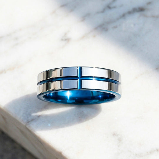 Sloane | Blue Groove Silver Tungsten Ring | Men&