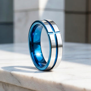 Sloane | Blue Groove Silver Tungsten Ring | Men's Ring