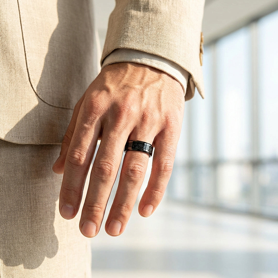 Stars in the Night Polished Glitter Inlay Black Tungsten Carbide Ring - Ring | Singapore Jewellery, Wedding Rings &amp; Gifts | Same Day Delivery | Tiara.com.sg