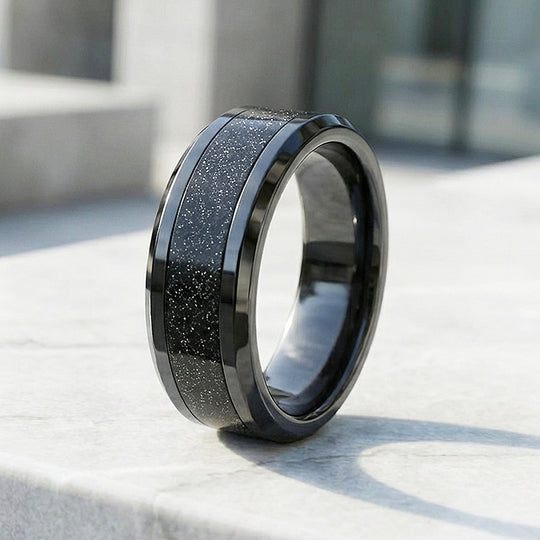Stars in the Night Polished Glitter Inlay Black Tungsten Carbide Ring - Ring | Singapore Jewellery, Wedding Rings &amp; Gifts | Same Day Delivery | Tiara.com.sg