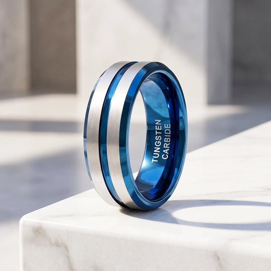 Straton | Brushed Silver &amp; Blue Two-Tone Groove Tungsten Carbide Men&