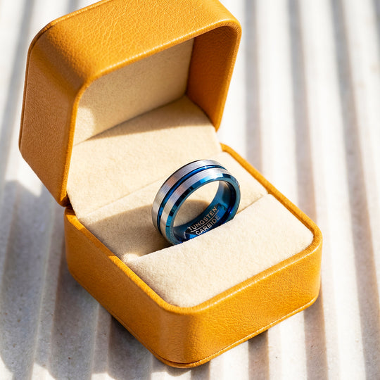 Straton | Brushed Silver &amp; Blue Two-Tone Groove Tungsten Carbide Men&