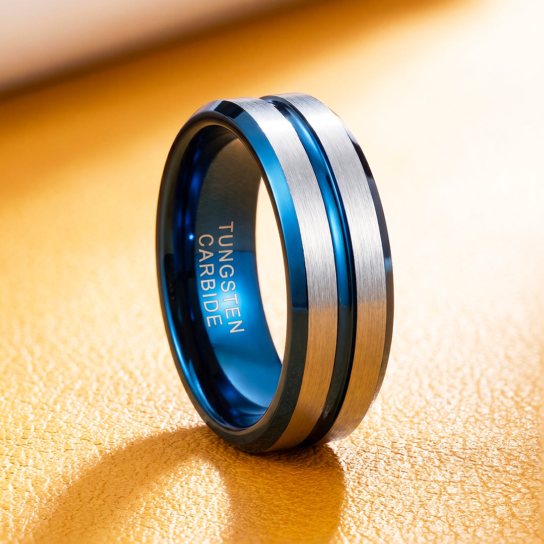 Straton | Brushed Silver &amp; Blue Two-Tone Groove Tungsten Carbide Men&