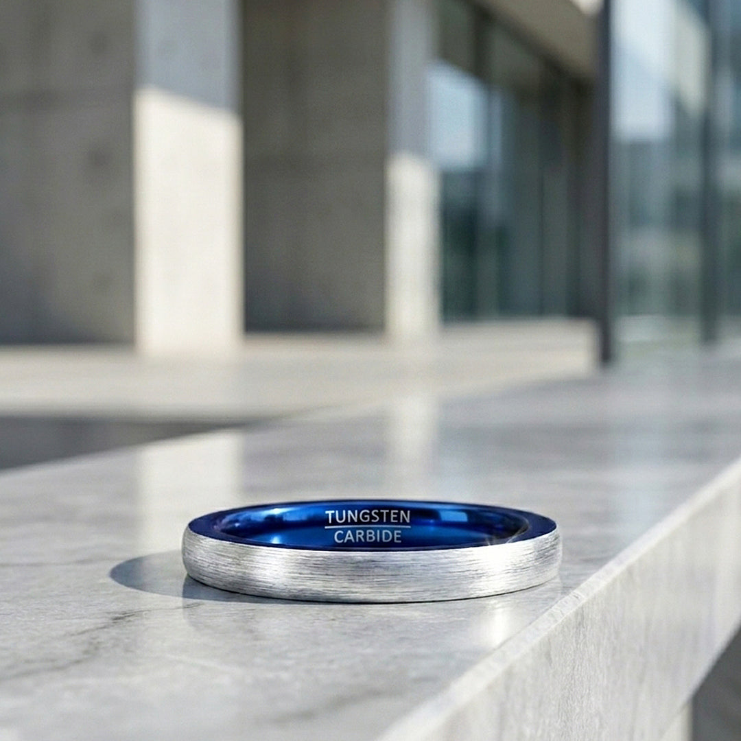 Tickled | Brushed Silver and Blue Dome Dual Tone Tungsten Carbide