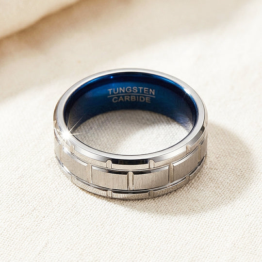 Titan Brushed Brick Pattern Blue Interior Tungsten Carbide Ring - Ring | Singapore Jewellery, Wedding Rings &amp; Gifts | Same Day Delivery | Tiara.com.sg