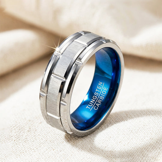 Titan Brushed Brick Pattern Blue Interior Tungsten Carbide Ring - Ring | Singapore Jewellery, Wedding Rings &amp; Gifts | Same Day Delivery | Tiara.com.sg
