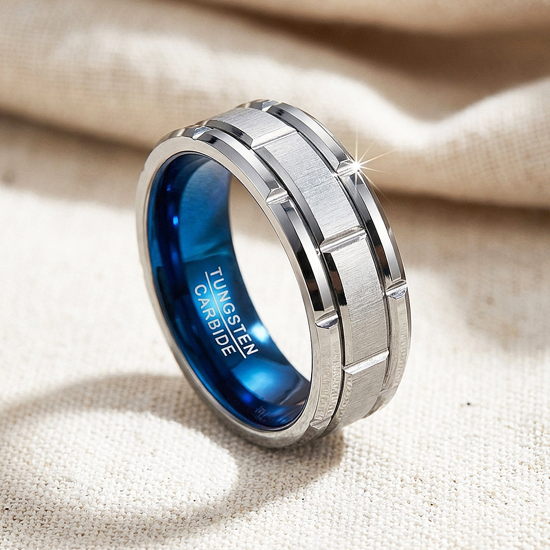 Titan Brushed Brick Pattern Blue Interior Tungsten Carbide Ring - Ring | Singapore Jewellery, Wedding Rings &amp; Gifts | Same Day Delivery | Tiara.com.sg