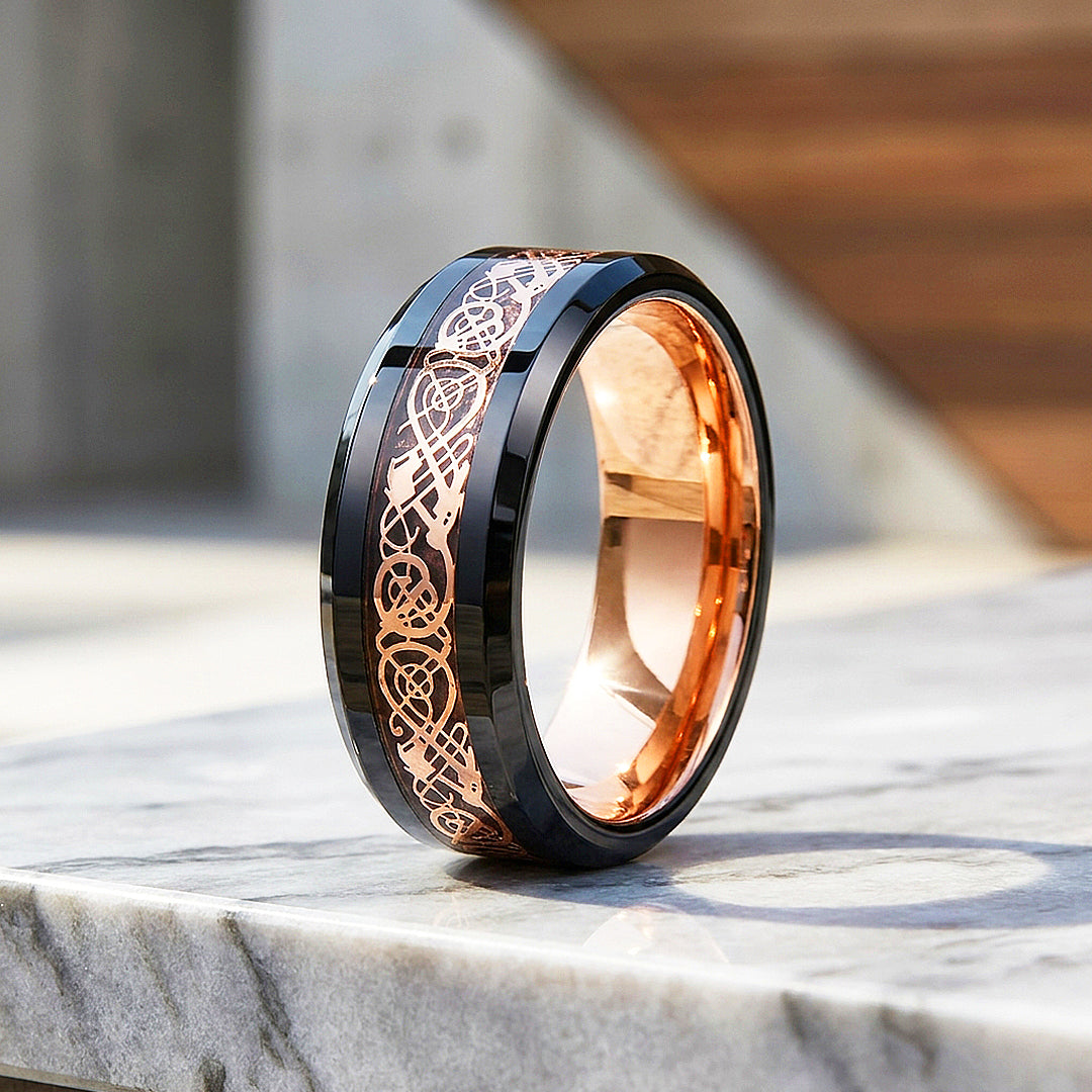 Trilogy | Celtic Rose Gold Carbon Fibre Inlay Black Tungsten Carbide | Men&