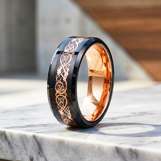 Trilogy | Celtic Rose Gold Carbon Fibre Inlay Black Tungsten Carbide | Men&
