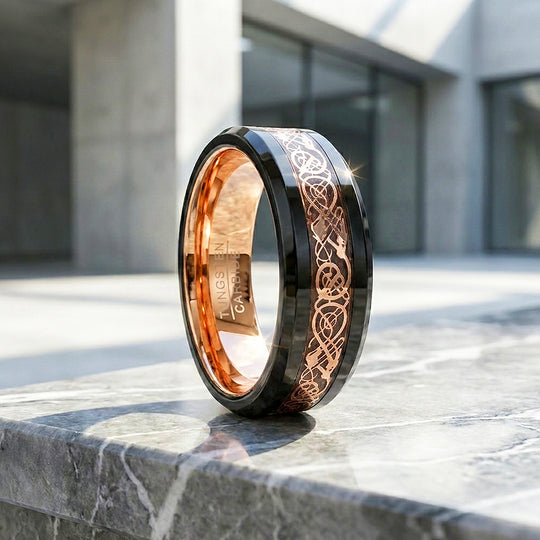 Trilogy | Celtic Rose Gold Carbon Fibre Inlay Black Tungsten Carbide | Men&