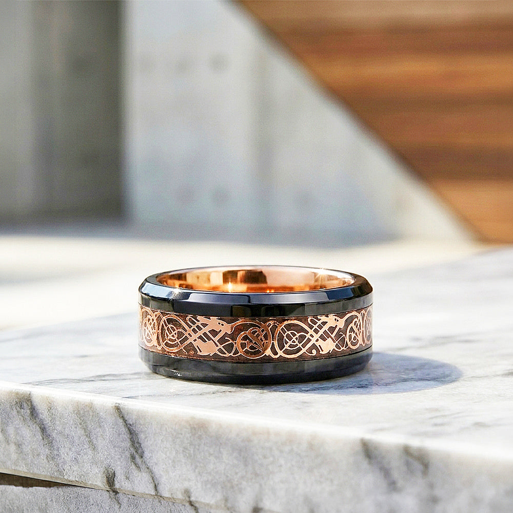 Trilogy | Celtic Rose Gold Carbon Fibre Inlay Black Tungsten Carbide | Men's Ring