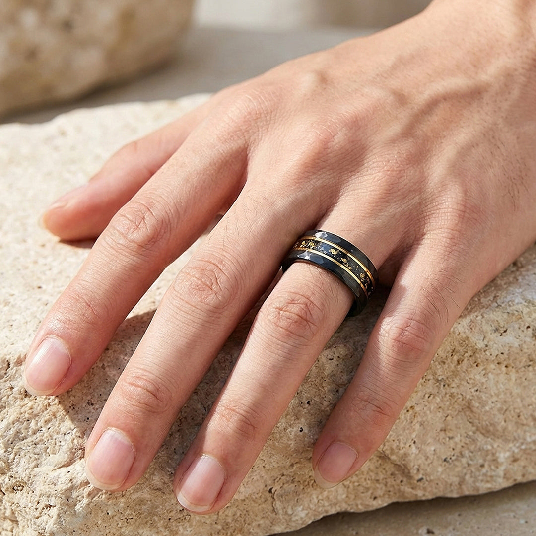 Vantigold Hammered Gold Flake Inlay Black Tungsten Carbide Ring - Ring | Singapore Jewellery, Wedding Rings &amp; Gifts | Same Day Delivery | Tiara.com.sg