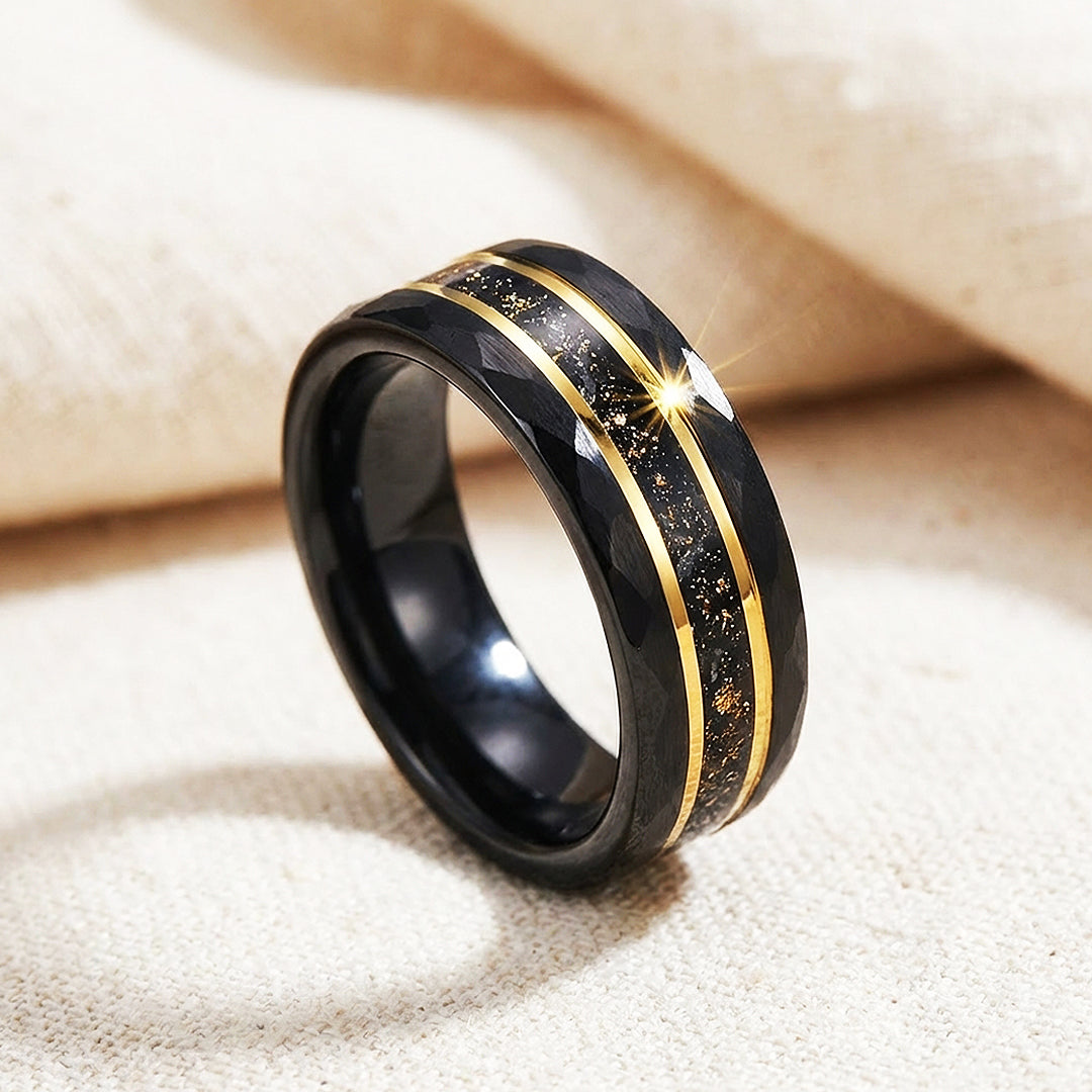 Vantigold Hammered Gold Flake Inlay Black Tungsten Carbide Ring - Ring | Singapore Jewellery, Wedding Rings &amp; Gifts | Same Day Delivery | Tiara.com.sg