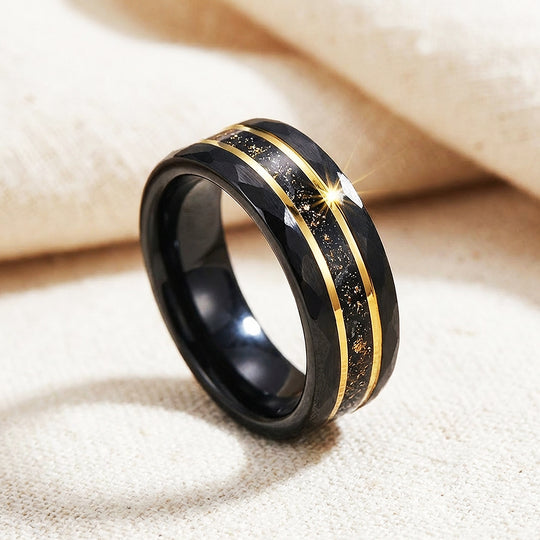 Vantigold Hammered Gold Flake Inlay Black Tungsten Carbide Ring - Ring | Singapore Jewellery, Wedding Rings &amp; Gifts | Same Day Delivery | Tiara.com.sg