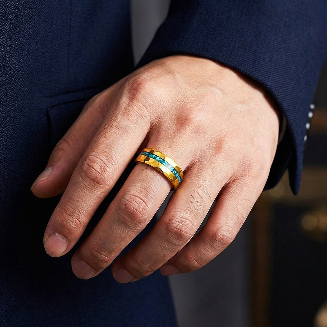 Veridian Hammered Gold Teal Inlay Tungsten Carbide Ring - Ring | Singapore Jewellery, Wedding Rings &amp; Gifts | Same Day Delivery | Tiara.com.sg