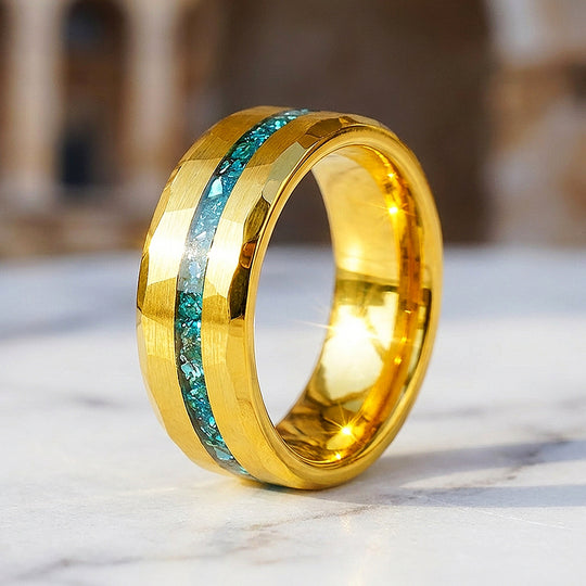 Veridian Hammered Gold Teal Inlay Tungsten Carbide Ring - Ring | Singapore Jewellery, Wedding Rings &amp; Gifts | Same Day Delivery | Tiara.com.sg