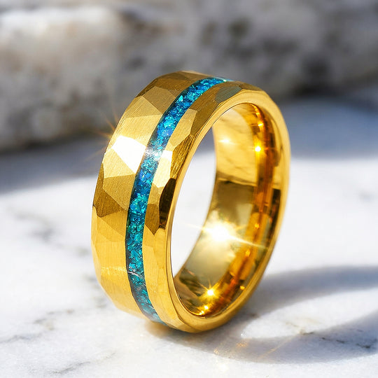 Veridian Hammered Gold Teal Inlay Tungsten Carbide Ring - Ring | Singapore Jewellery, Wedding Rings &amp; Gifts | Same Day Delivery | Tiara.com.sg