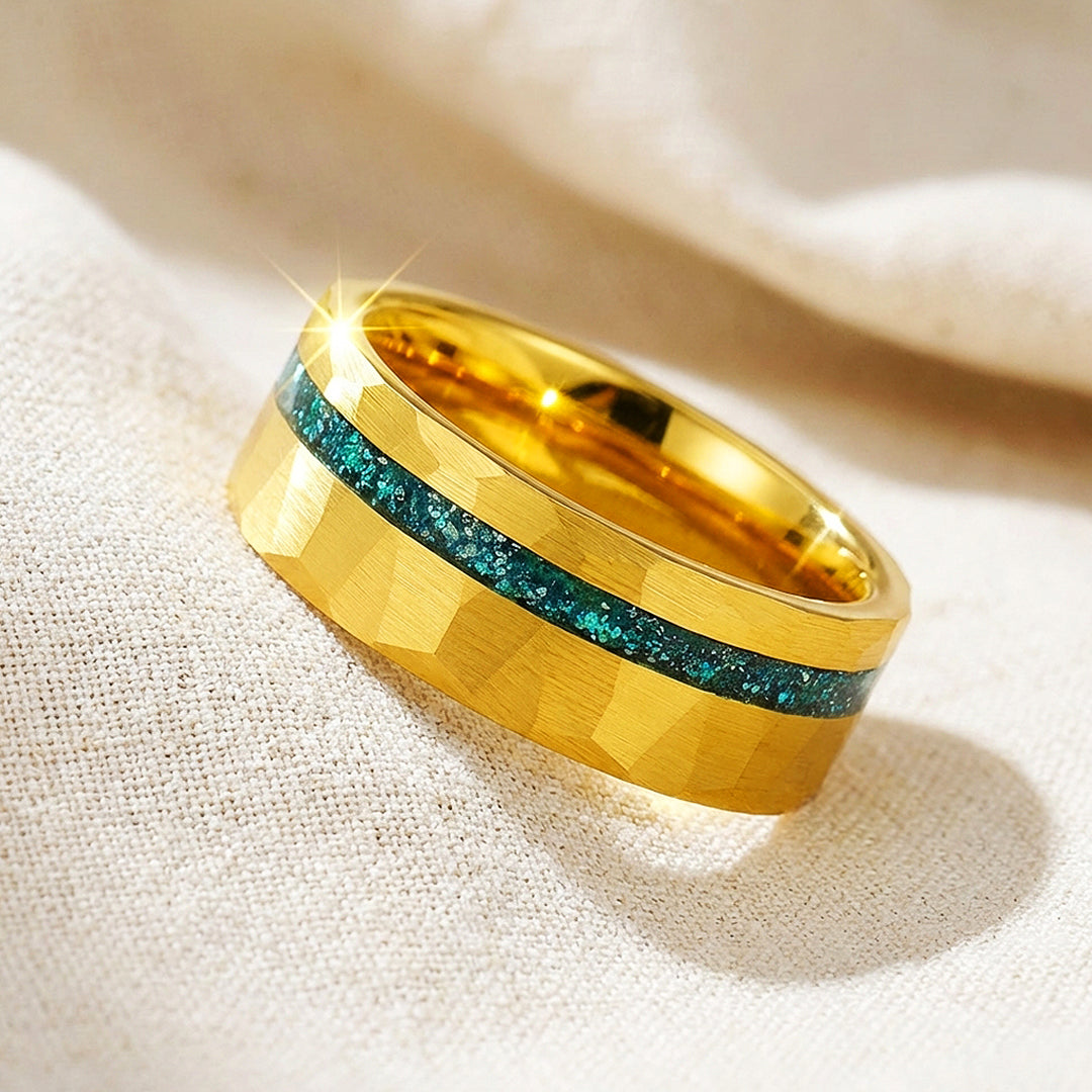 Veridian Hammered Gold Teal Inlay Tungsten Carbide Ring - Ring | Singapore Jewellery, Wedding Rings &amp; Gifts | Same Day Delivery | Tiara.com.sg