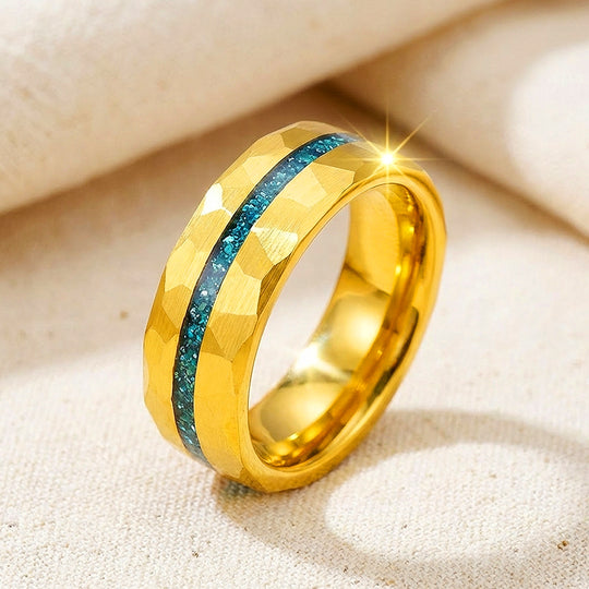 Veridian Hammered Gold Teal Inlay Tungsten Carbide Ring - Ring | Singapore Jewellery, Wedding Rings &amp; Gifts | Same Day Delivery | Tiara.com.sg
